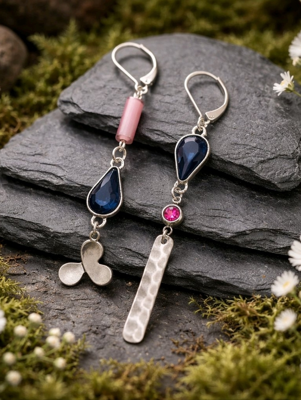 Artistic Asymmetric Handmade Beaded Dangle Earrings by Creatrix